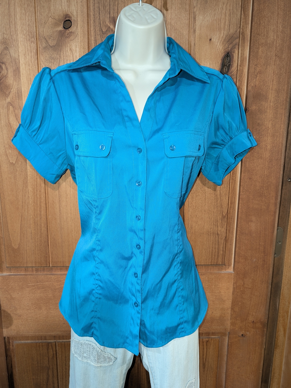 Antilia Femme Teal Short-Sleeve Button-Down Shirt With Puff Sleeves